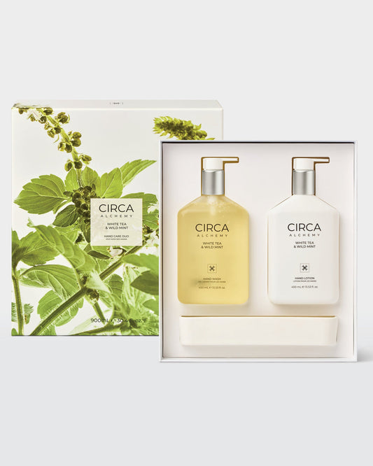 Circa bath and body products in a box with green leaf design