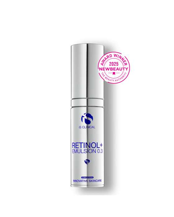 Skincare emulsion bottle with 'is Clinical' logo and 'Retinol+ Emulsion 0.3' text on a white background.
