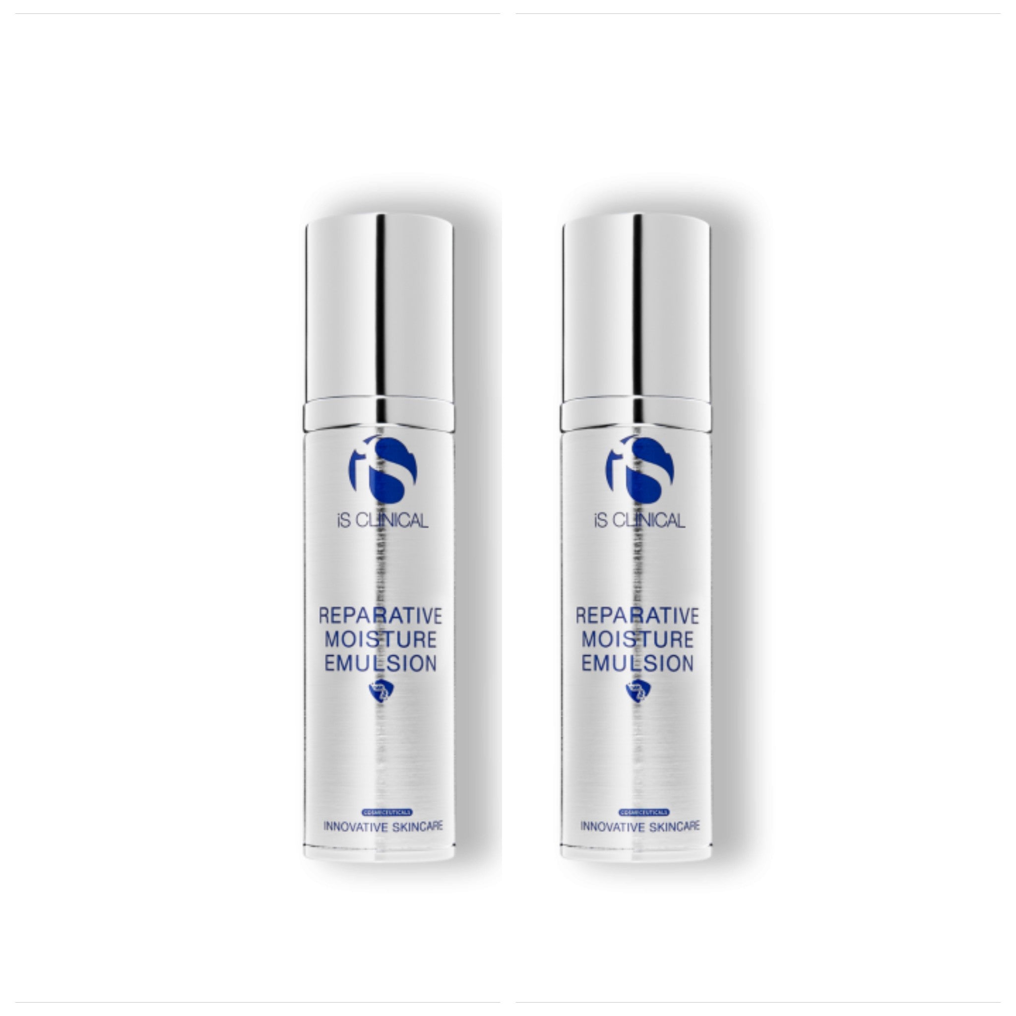 Two bottles of IS Clinical Reparative Moisture Emulsion on a white background