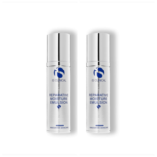 Two bottles of IS Clinical Reparative Moisture Emulsion on a white background