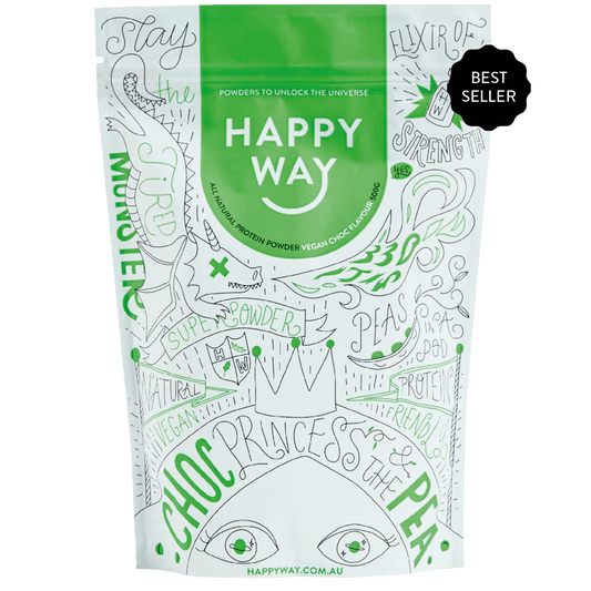 Packaging of Happy Way Vegan Protein Powder Chocolate 1kg with illustrations and text detailing the product's benefits and ingredients.