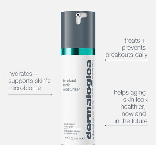Dermaloga Breakout Biotic Moistizer bottle on a light gray background with marketing text callouts around it.