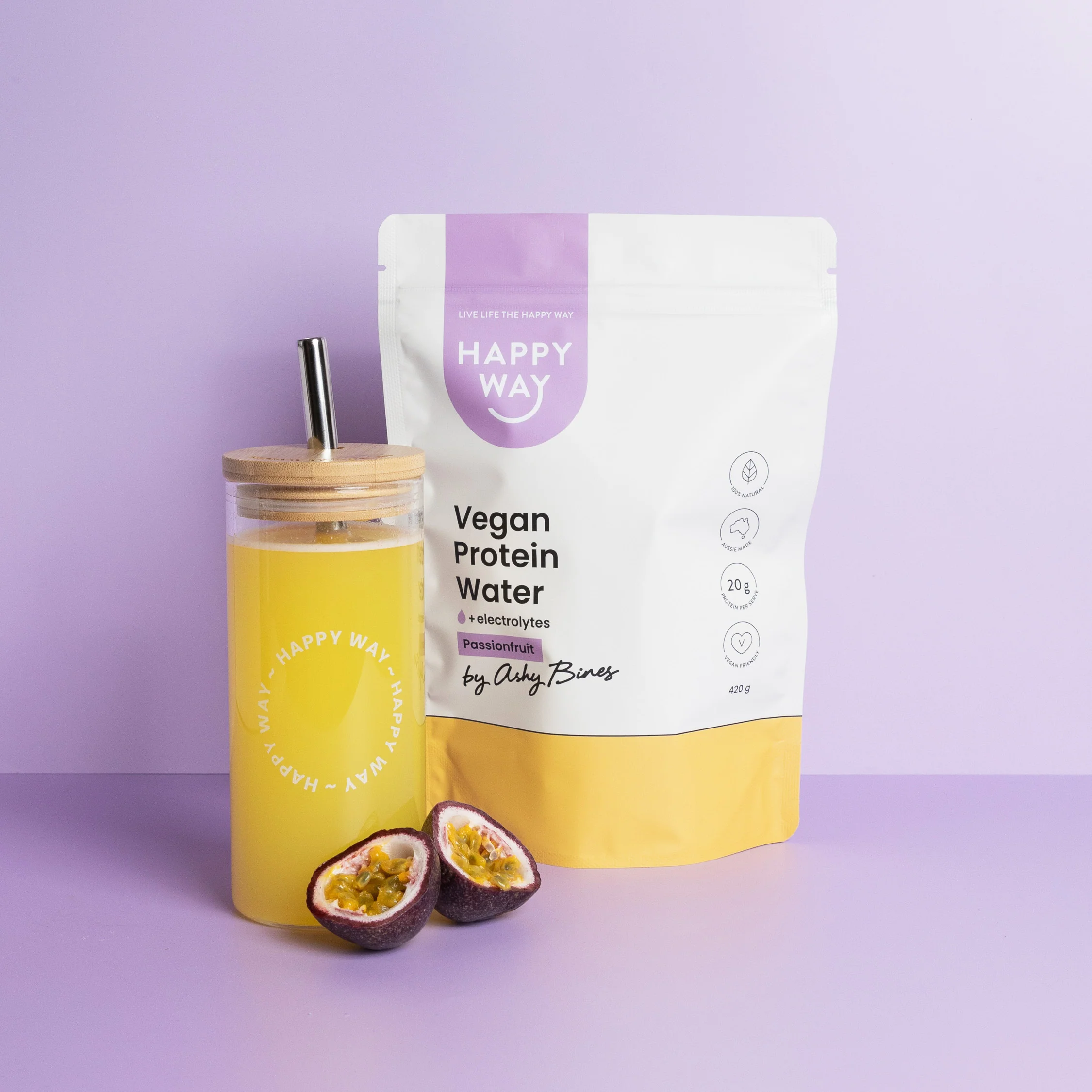 Happy Way Drink Ashy Bines Vegan Protein Water Passionfruit 420g
