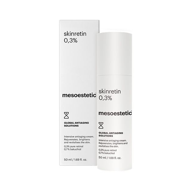 Mesoestetic skinretin 0.3% skincare product and packaging on a white background
