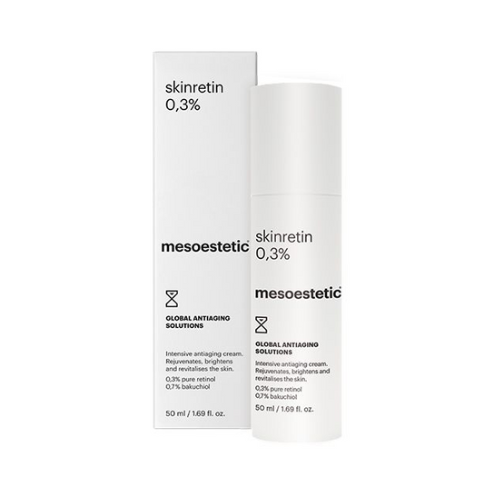 Mesoestetic skinretin 0.3% skincare product and packaging on a white background