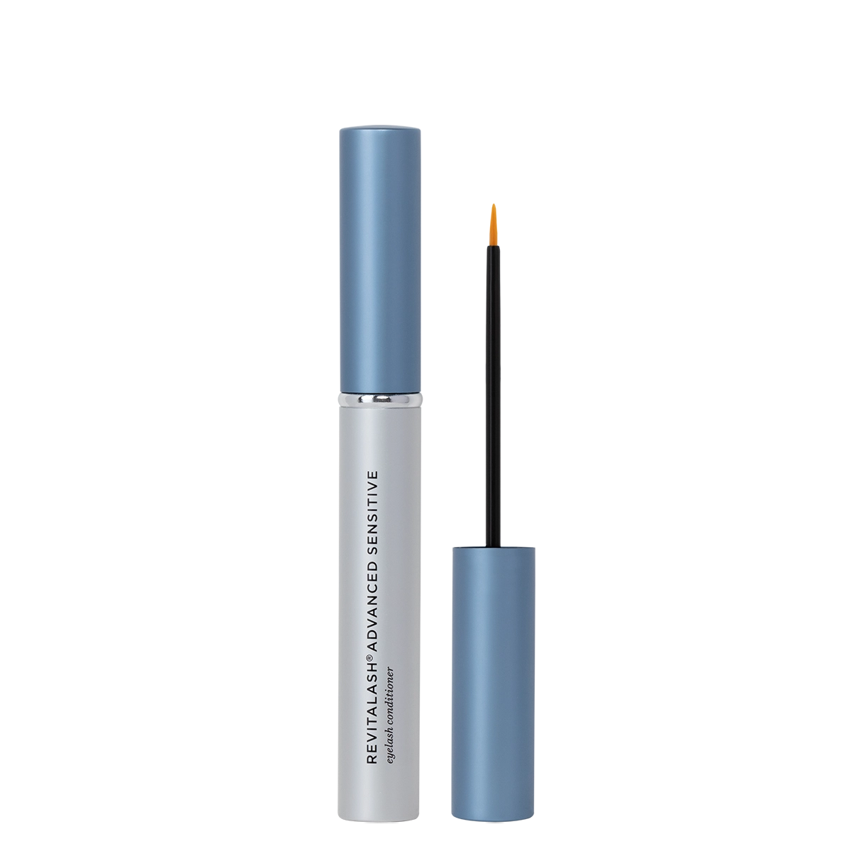 A bottle of Revitalash Advanced Sensitive Eyelash Conditioner with the application wand beside it, showcasing the product packaging.