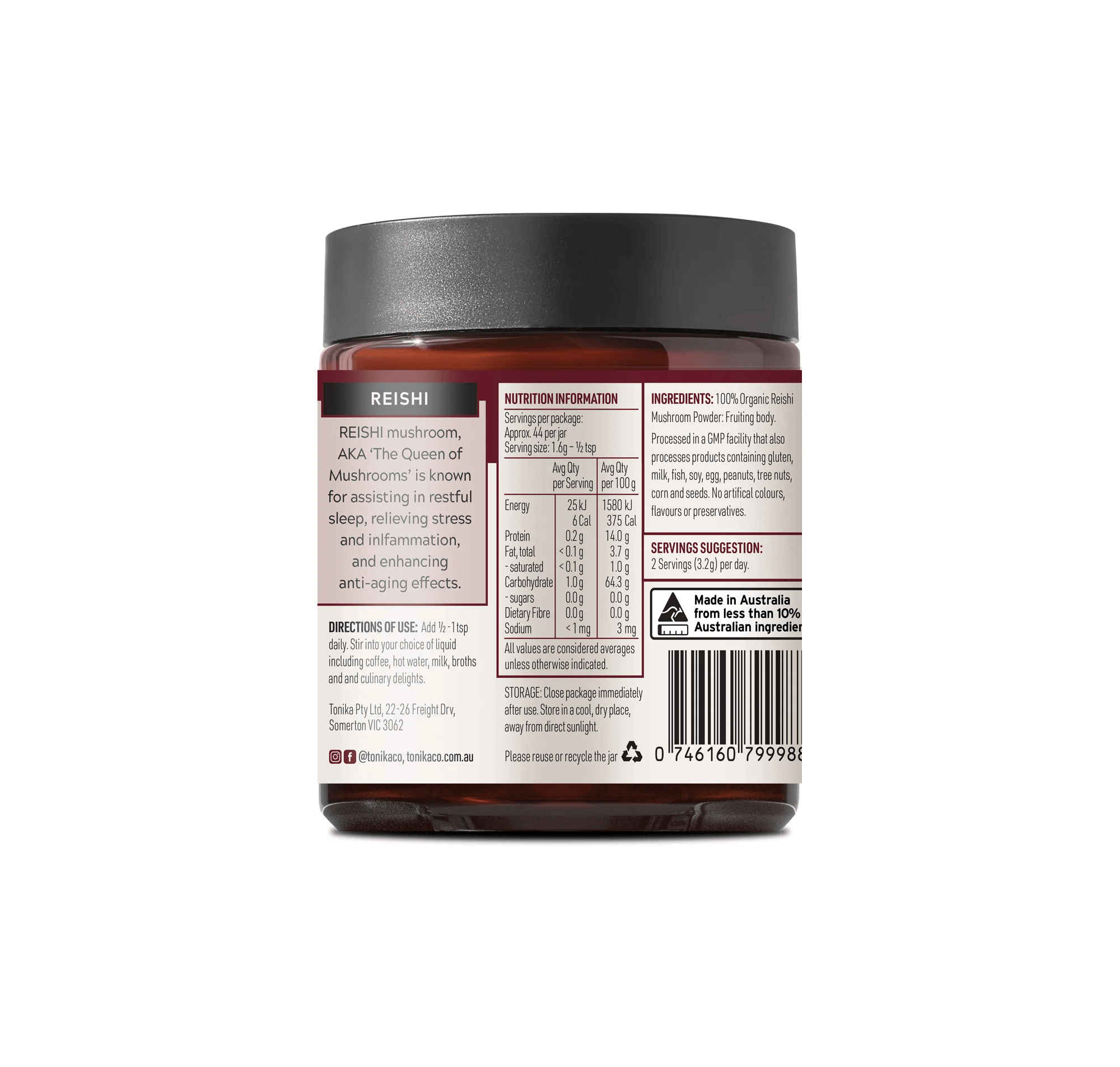 Tonika Powder TONIKA Organic Reishi Mushroom Powder Glass Jar - THE SUPERHERO 70gm